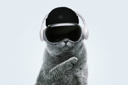 Téléchargez les photos : Beau chat hipster drôle avec des lunettes de réalité virtuelle, chapeau de mode tricoté et écouteurs se tient et en utilisant la technologie révolutionnaire sur un fond bleu pastel. gadget moderne et animal de compagnie, idée créative - en image libre de droit