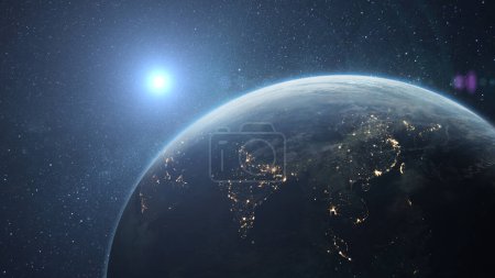 Photo for Beautiful blue planet Earth with the lights of night cities with a bright shining sun in a starry sky. Amazing night planet Earth in view of India, China, Korea and Japan. - Royalty Free Image