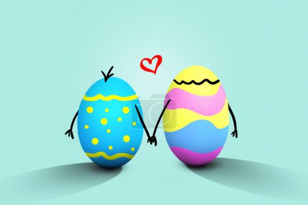 Two funny Easter eggs holding hands with a heart, pastel colors. Easter and love card, creative idea.