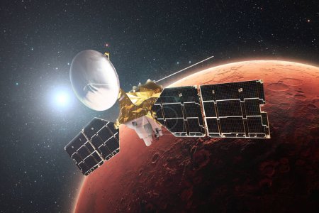 Téléchargez les photos : Le satellite technologique vole en orbite autour de la planète rouge Mars. Exploration de la planète Mars. Surface de Mars avec des cratères dans l'espace stellaire avec le soleil. Mars Reconnaissance Orbiteur - en image libre de droit