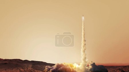 El cohete espacial despega con humo y explosión en el planeta rojo Marte. Misión espacial en Marte, idea creativa. Lanzamiento exitoso de cohetes a Marte