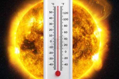Das Thermometer zeigt vor dem Hintergrund des brennenden Planeten Erde eine ungewöhnlich heiße Temperatur an. Globale Erwärmung, kreative Idee. Klimawandel und Gefahr