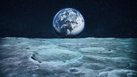 Oberfläche des Mondes mit Kratern im All mit Sternen und Planeten. Der Planet Erde vom Mond aus gesehen