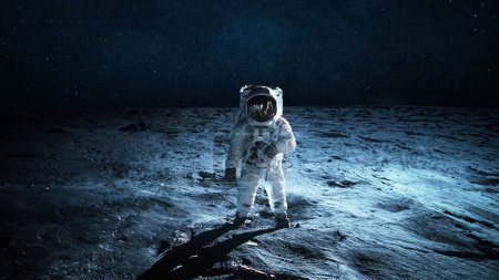 Einsamer Astronaut läuft auf der Mondoberfläche. Mondmission und Erforschung. Raumfahrer auf dem Mond