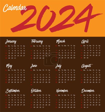 Ilustración de Calendario 2024 plantilla vector, diseño mínimo simple, Planificador 2024 año, calendario de pared 2024 año, Semana comienza el domingo, Conjunto de 12 calendario, anuncio, impresión, papelería, oficina de la organización - Imagen libre de derechos