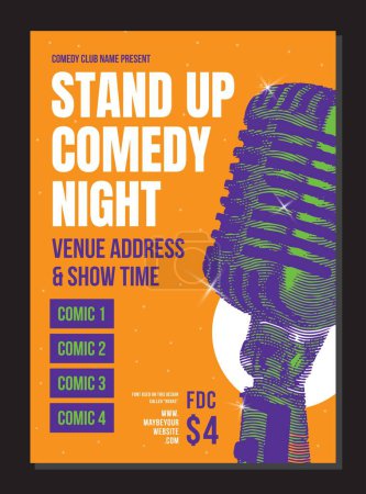 Moderne Posterkarte der Stand Up Comedy Show. Glänzendes Mikrofon, Nacht des offenen Mikrofons, orangefarbener Hintergrund und Unterhaltung auf einem Comedybanner. Vektorillustration