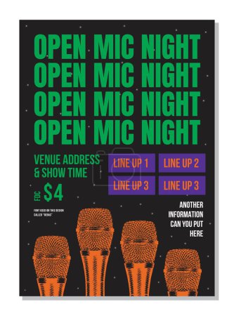Illustration for Modern Poster Card Of Stand Up Comedy Show Shiny Microphone Open mic night black Background - Royalty Free Image