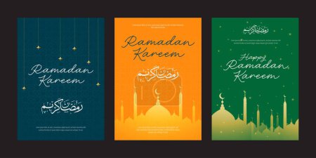 Poster set greetings of Ramadan Kareem, Ramadan Mubarak, welcoming fasting month for islamic or moslem, with vector background, banner social media post