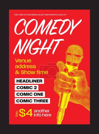 Open Mic Night oder Stand Up Comedy Show Poster oder Flyer oder Banner Design-Vorlage mit der Hand hält geöffnetes Mikrofon auf schwarzem Hintergrund. Vektorillustration
