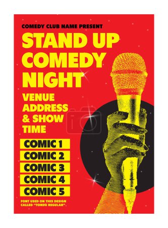 Open Mic Night oder Stand Up Comedy Show Poster oder Flyer oder Banner Design-Vorlage mit der Hand hält geöffnetes Mikrofon auf schwarzem Hintergrund. Vektorillustration