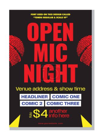 Open mic night or stand up comedy show poster or flyer or banner design template with hand holding opened microphone on black background. Vector illustration