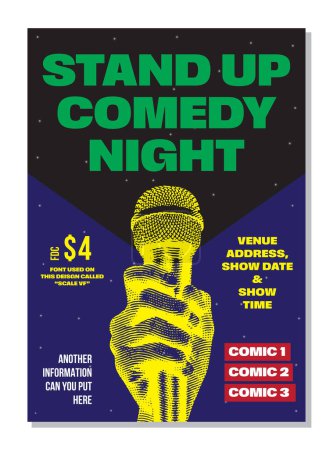 Open mic night or stand up comedy show poster or flyer or banner design template with hand holding opened microphone on black background. Vector illustration