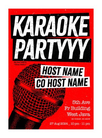 Karaoke party poster, flyer banner design template with microphone red background Vector design, sing night at cafe or club, party event poster design