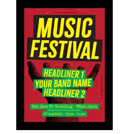 Music festival poster for band event or cafe marketing, vector with grunge and paper texture background, editable design with illustration