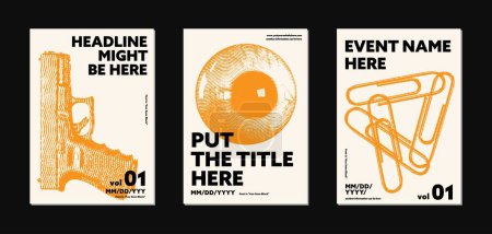 Magazine Cover Design Set, layout design for events poster, illustration element graphic for cover book. Minimalist indie edgy brochure modern flyers template, with gun, eye and safety pin vector