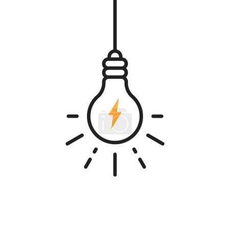 Illustration for Hanging light bulb with flash icon. concept of simple sign or label for modern info education or elearning. lineart flat stroke invention logotype graphic art design isolated on white background - Royalty Free Image
