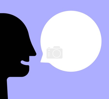 happy man head with white speech bubble. flat cartoon style trend modern graphic art design isolated on lilac background. concept of cheerful male advises or consulting and simple communication