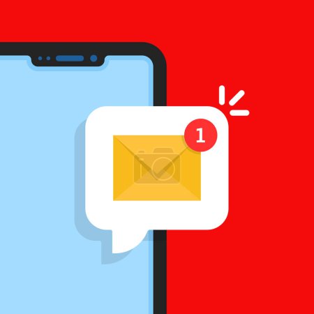 unread email notification in cartoon phone. concept of sign up notify in messenger and instant youve got mail message. flat simple modern graphic screen design element isolated on red background