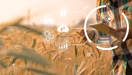 Photo for Smart farming concept. Farmer with technology digital tablet on background of wheat field. Professional farmers use internet of things (IOT) computers system to manage farms. agriculture modern idea. - Royalty Free Image