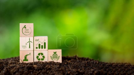 Net zero and carbon neutral concept. Net zero greenhouse gas emissions target. Climate neutral long term strategy. Wooden cubes with green net zero icon and green conserve icon on nature background.