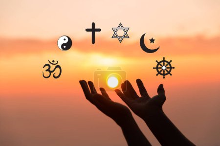 Photo for Religious symbols. Christianity cross, Islam crescent, Buddhism dharma wheel, Hinduism aum, Judaism David star, Taoism yin yang, world religion concept. Prophets of all religions bring peace to world. - Royalty Free Image