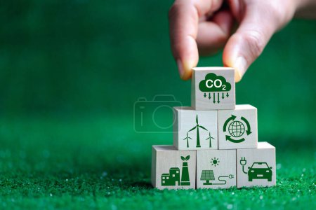Net zero greenhouse gas emissions reduction with carbon credit concept. Reduce carbon dioxide e.g. renewable energy production improve the efficiency of transportation reduce environmental pollution.