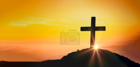 Photo for Crucifixion Of Jesus Christ - Cross At Sunset. The concept of the resurrection of Jesus in Christianity. Crucifixion on Calvary or Golgotha hills in holy bible. - Royalty Free Image