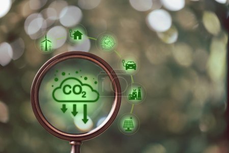 Photo for Magnifying glass with carbon reduction icon. Concept of reducing carbon emissions in production and service. Reduce carbon emissions in industry protect atmosphere and ecology and environment. - Royalty Free Image