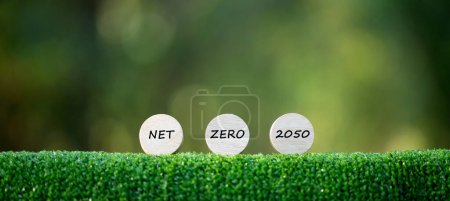 Concepts Net Zero et Carbon Neutral Objectifs Net Zero Emissions Une stratégie à long terme neutre pour le climat Prêt à mettre des blocs de bois par icône verte au centre du filet et icône verte sur fond bokeh.
