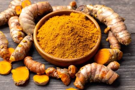 The turmeric powder is a natural herb and is an ingredient for food cooking. The colour of the turmeric powder is yellow when it dry and green when it raw. Asian curry like Indian has yellow powder.