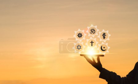 Photo for Religious symbols. Christianity cross, Islam crescent, Buddhism dharma wheel, Hinduism aum, Judaism David star, Eastern orthodox cross, world religion concept. Prophets religions bring peace to world - Royalty Free Image