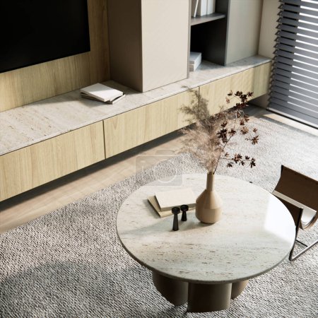 Foto de Moderno diseño interior de la habitación y la decoración con armarios de madera empotrados y mesa de café cajón en alfombra de color gris. renderizado 3d. - Imagen libre de derechos