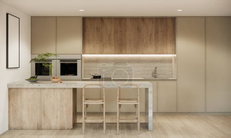 Téléchargez les photos : Mockup construit dans le comptoir de cuisine moderne avec îlot de cuisine en bois 3d rendant garde-manger de cuisine plancher en bois pour la conception et la décoration. - en image libre de droit