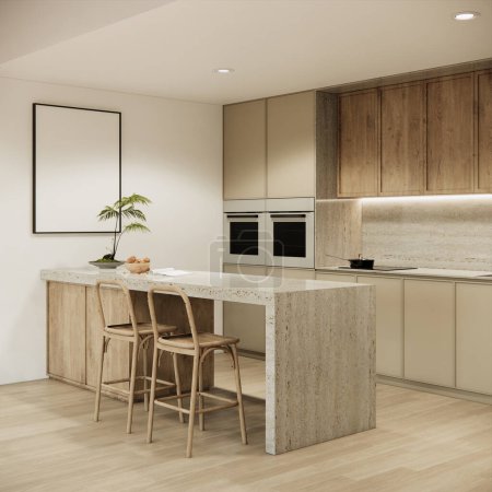 Téléchargez les photos : Mockup décoration design d'intérieur de cuisine moderne et minimaliste avec mobilier en bois et parquet en bois. Rendu 3d. - en image libre de droit