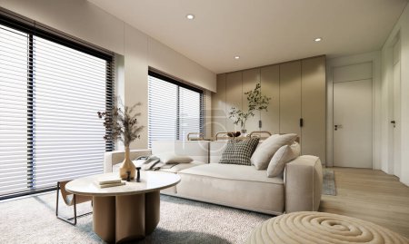 Téléchargez les photos : Modélisation de rendu 3d design intérieur moderne et décoration en couleur beige et terre mur et meubles canapés stores fenêtres. - en image libre de droit
