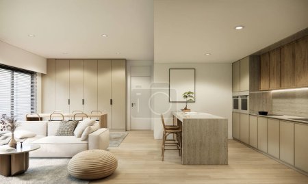 3D-Rendering-Attrappe modernes Raumdesign und Dekoration in beige und erdfarbenen Möbeln und Wandfarbe Parkettboden, eingebaut in Küchentheke und Schrank.