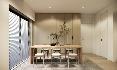 Téléchargez les photos : 3d rendant style minimal salle à manger design intérieur et décoration avec table et chaises en bois stores fenêtre tapis gris et parquet. - en image libre de droit