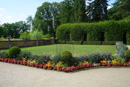 Camas de flores en flor decoran el Parque Sanssouci en julio. Sanssouci Park es un gran parque que rodea el Palacio de Sanssouci, construido bajo Federico el Grande a mediados de 1700. Potsdam, Alemania 