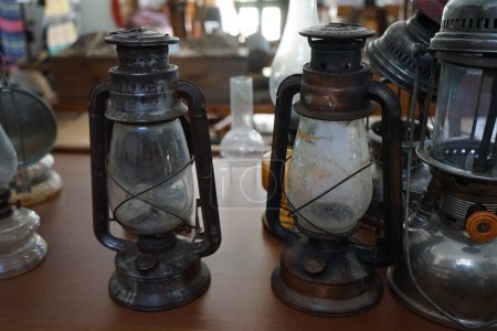 Photo for Lardos, South Aegean region, Greece - August 29, 2022: Antique kerosene lamps stand in the Folklore Museum of Lardos on the island of Rhodes. - Royalty Free Image
