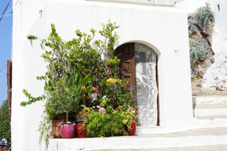 Diverses fleurs, buissons et arbres en pots ornent le porche d'une maison en août dans l'ancien Lindos. Lindos est un site archéologique, un village de pêcheurs et une ancienne commune de Rhodes, en Grèce. 
