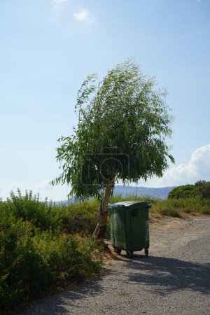 Un conteneur à ordures se trouve sur la rive de la mer Méditerranée dans les environs de Pefki en août. Pefkos ou Pefki est une station balnéaire bien connue située sur la côte orientale de l'île de Rhodes, en Grèce.