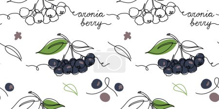 Ilustración de Aronia berry, chokeberry, rowan vector negro patrón o textura sin costuras. Dibujo de arte de línea continua de patrón de aronia. - Imagen libre de derechos
