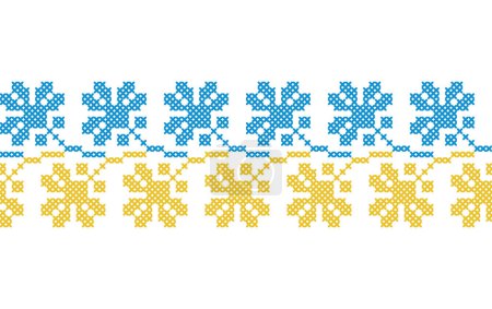 Patrón floral patriótico ucraniano en colores amarillo y azul. Adorno vectorial, borde, patrón. Gente ucraniana, bordado étnico. Pixel art, vyshyvanka, punto de cruz.