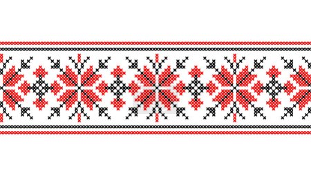 Illustration for Ukrainian vector ornament, border, pattern. Ukrainian traditional geometric embroidery. Ornament in red and black colors. Pixel art, vyshyvanka, cross stitch. - Royalty Free Image