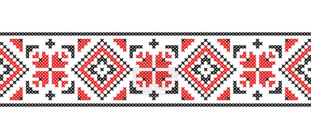 Illustration for Ukrainian pattern. Vector ornament, seamless border. Ukrainian folk, ethnic geometric embroidery. Pattern in red and black colors. Pixel art, vyshyvanka, cross stitch. - Royalty Free Image