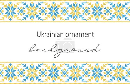 Illustration for Ukrainian vector background, banner, poster.Traditional folk, ethnic ornament. Background in yellow and blue Ukrainian flag colors. Pixel art, vyshyvanka, cross stitch. - Royalty Free Image