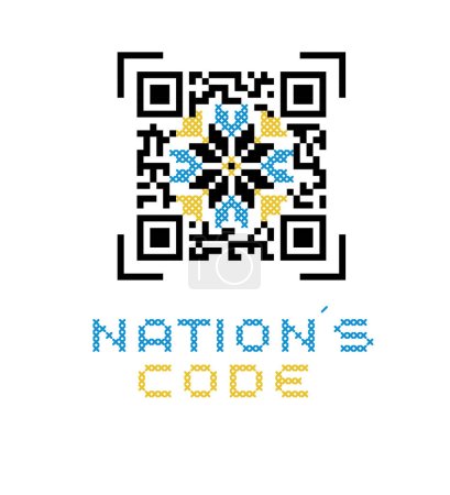 Illustration for Vyshyvanka is Ukrainian nation s code. Vector folk pattern, ethnic sign, element, logo, qr code stilization in yellow and blue colors. - Royalty Free Image