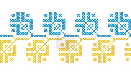 Ilustración de Ucrania vector ornamento sin costuras, borde, patrón. Folclore tradicional, adorno étnico. Decoración en colores de la bandera de Ucrania amarillo y azul. Pixel art, vyshyvanka, punto de cruz. - Imagen libre de derechos