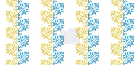 Illustration for Ukrainian vector seamless fashion pattern, ornament, border. Traditional folk, ethnic pattern. Decoration in yellow and blue. Ukrainian fashion pattern. Pixel art, vyshyvanka, cross stitch. - Royalty Free Image