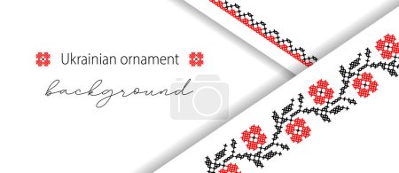 Ukrainian folk floral simple layered vector background, banner, poster. Minimalistic modern banner in red and black colors. Pixel art, vyshyvanka, cross stitch.